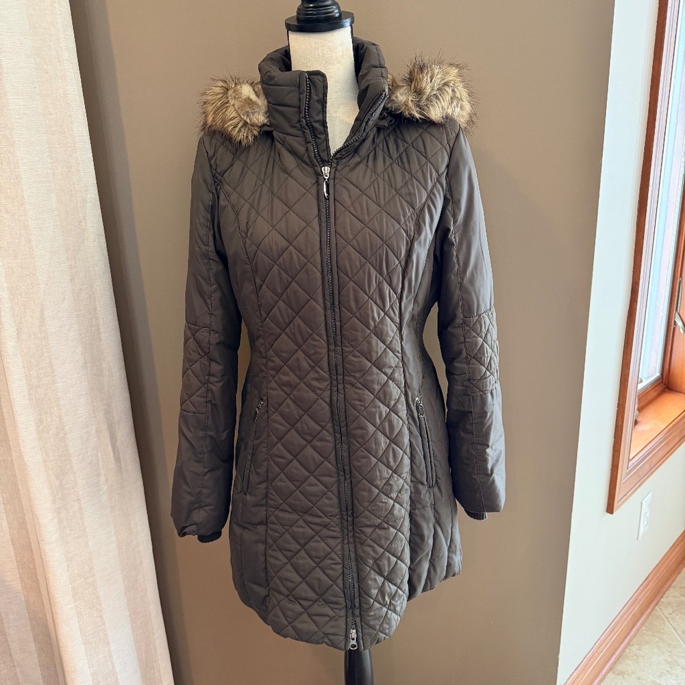 Esprit Puffer Fur Hooded Warm Coat Live Green Zip Up, Size Medium